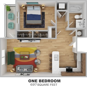 Phase II - A2 - One Bdr / One Bath - 697 Sq. Ft.*
