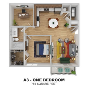 P2 - A3 - One Bdr / One Bath - 755 Sq. Ft.*