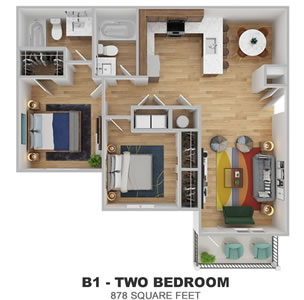 Phase II - B1 - Two Bdr / Two Bath - 878 Sq. Ft.*
