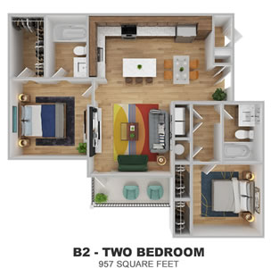 Phase II - B2 - Two Bdr / Two Bath - 957 Sq. Ft.*