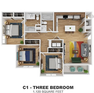 Phase II - C1 - Three Bdr / Two Bath - 1,120 Sq. Ft.*